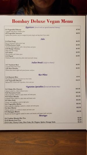 Vegan menu! at Bombay Deluxe in Anchorage