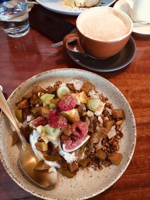 Apple crumble with coco yoghurt  at The Silly Goat in Broken Hill