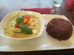 Green curry veggies with tofu and brown rice at OnThai in Ljubljana