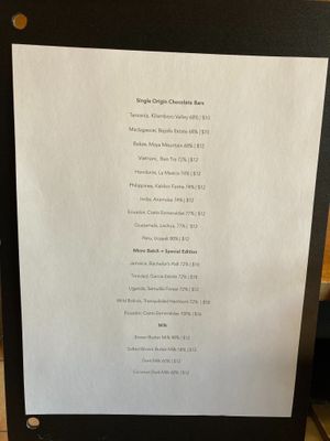 Full chocolate bar menu at Mutari Chocolate House & Factory in Santa Cruz