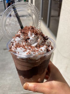 Frozen dark chocolate with coconut whipped cream at Mutari Chocolate House & Factory in Santa Cruz