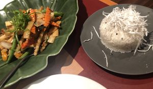 Coconut rice with a stir fry at Ummarin Thai in Randwick