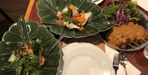 Vegetarian duck in oyster mushroom sauce, vegetarian chicken stirfry and satay skewers  at Ummarin Thai in Randwick