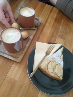 oat cappuccino + almond & apple pie at Vero Caffe in Bruges