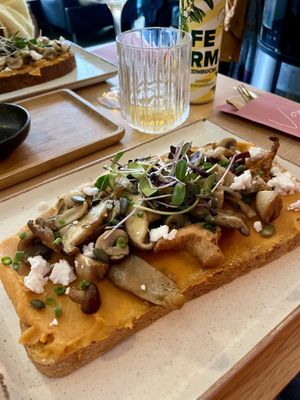 Vegan lunch special: pumpkin cream with different mushroom and vegan feta  at Vero Caffe in Bruges