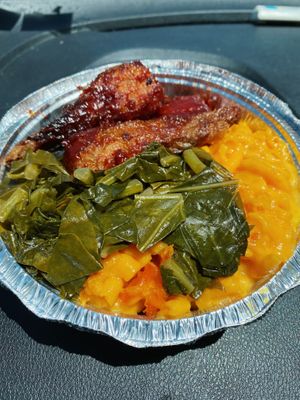 bbq drumsticks, mac & cheese, with collard greens. at Veggie Castle in Jamaica