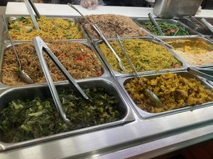 The buffet style options at Veggie Castle: you build your own dish from these items. at Veggie Castle in Jamaica