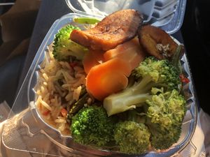 Two sides one protein - string bean mushrooms , rice vegan shrimp , steam broccoli  at Veggie Castle in Jamaica