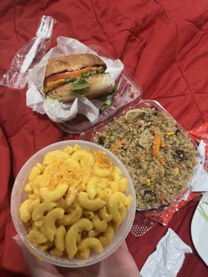 chicken sandwich, w their mac and cheese and quinoa   at Veggie Castle in Jamaica