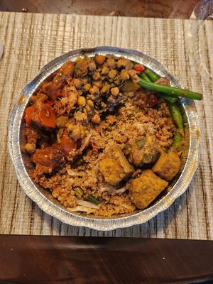 Stew 🐔 protein, chickpeas, stir fry vegetables, quinoa, curry 🐔 protein. at Veggie Castle in Jamaica