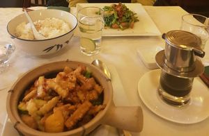 Rau Muống Xào Tỏi, 
Đậu Phụ Xào Rau, 
Vietnamese coffee at Bun Bo Hue in Stockholm