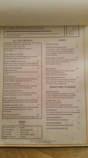 menu in english at Cafe Stepping Stone in Cartagena