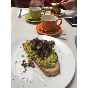 Smashed avocado with mushrooms  at Cafe Stepping Stone in Cartagena