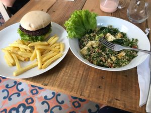 Vegetarian burger and a salad at Cafe Stepping Stone in Cartagena