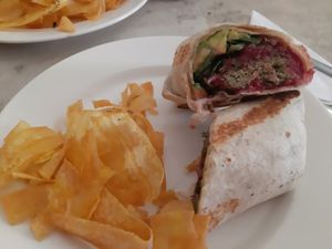 Delitious falafel wrap, is filled with beat hummus, falafel, table and veggies! Highly recommended at Cafe Stepping Stone in Cartagena