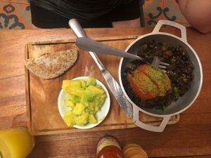 Frijoles with the egg substitutes for tomatoes at Cafe Stepping Stone in Cartagena