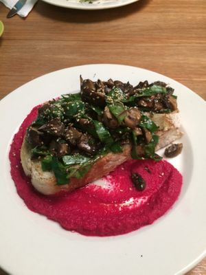 Mushrooms on bread with beetroot hummus at Cafe Stepping Stone in Cartagena