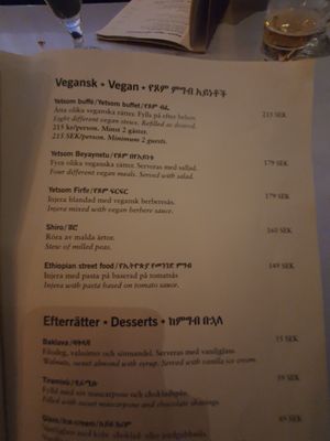 Vegan menu at EthioStar in Stockholm