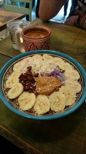 yummy and filling breakfast bowl with latte :D at The Organic Boho in Copenhagen