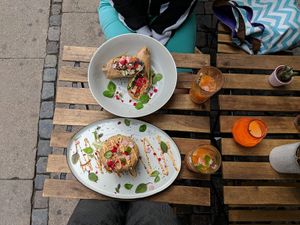 Falafel burger and tempeh wrap with juice at The Organic Boho in Copenhagen