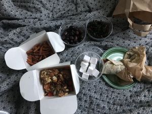 Wrap, cauliflower, sweet potato fries, olives, kale chips and feta at The Organic Boho in Copenhagen