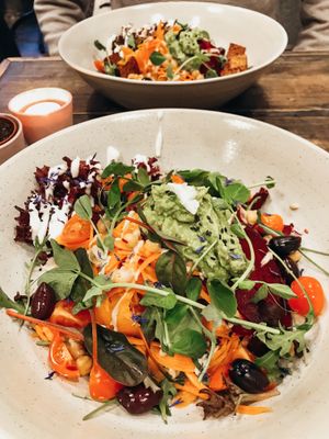 Raw salad! 
Switched nuts for olives and edemame beens for avocado. Just perfect! 
+ instead of choosing tempeh or falafel, I asked the staff to make my salad bigger and better.  at The Organic Boho in Copenhagen