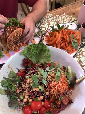 Salad with tempeh, sweet potato fries and a falafel burger- way too much food but amazing!  at The Organic Boho in Copenhagen