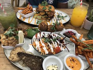 Cauliflower burger and love platter with juices. at The Organic Boho in Copenhagen