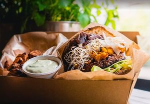 Quartey's Burger, with potatoes and a dip sauce! at PAUSA MAT O GELATO in Simrishamn