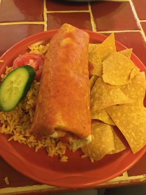 Veggie burrito with rice and chips at Ahora Mexican Cuisine in Ottawa