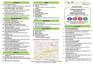 Menu  at Southern Spices in Christchurch