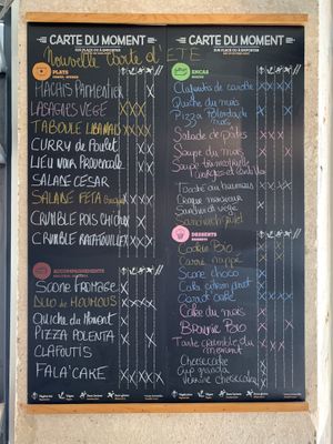 Summer menu. Second column from left is vegan, and the leftmost column is vegetarian.  at PUR etc - Sedaine in Paris