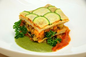 Vegan lasagne on peas and tomato at Posta Zirm Hotel in Corvara In Badia