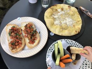 Starters: bruschetta, garlic bread with vegan mozzarella and kids breadsticks/cucumber/carrot dipping sticks at ASK Italian in Lichfield
