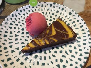 Blood orange and dark chocolate tart with raspberry sorbet  at ASK Italian in Lichfield