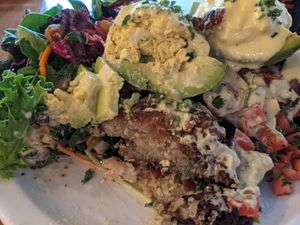 Latkes Benechick with avocado topping option at Chickpea Restaurant in Vancouver