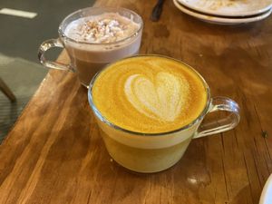 Hot chocolate and turmeric latte   at Chickpea Restaurant in Vancouver