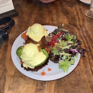 Latkes Benechick, one with avocado, one with bacon  at Chickpea Restaurant in Vancouver