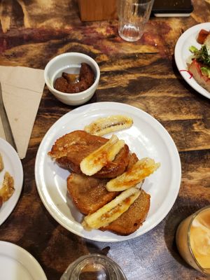 French toast, sausage at Chickpea Restaurant in Vancouver