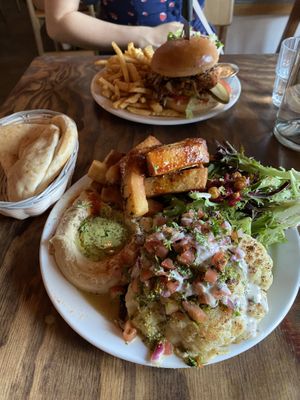 Platter with roasted cauliflower  at Chickpea Restaurant in Vancouver