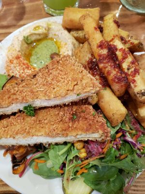 Schnitzel platter at Chickpea Restaurant in Vancouver