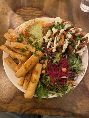 Platter with calamachick  at Chickpea Restaurant in Vancouver