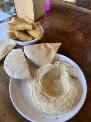 Kids hummus pita and fries   at Chickpea Restaurant in Vancouver