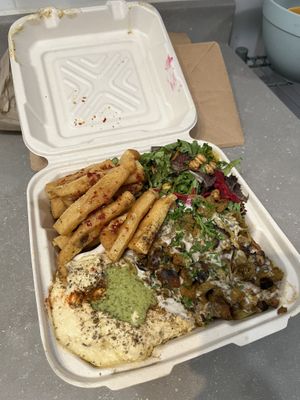 Shawarma platter - soy curls a bit burnt  at Chickpea Restaurant in Vancouver