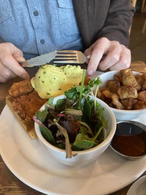 “Chikn and waffle with vegan egg and hollandaise   at Chickpea Restaurant in Vancouver