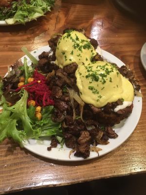Latkes benechick with chicksteak at Chickpea Restaurant in Vancouver