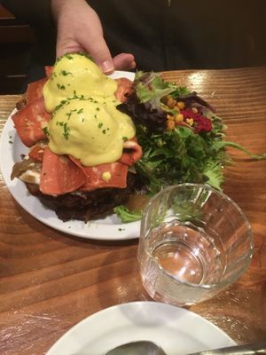Latkes benechick with bacon at Chickpea Restaurant in Vancouver