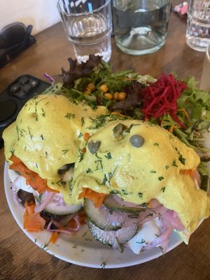 Lox and latke breakfast   at Chickpea Restaurant in Vancouver