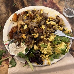 Breakfast Platter with tofu scramble and truffled n’oyster, add avacado (more than half eaten)  at Chickpea Restaurant in Vancouver