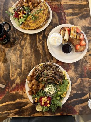 Breakfast platter with omelette and sausage main, Kids french toast, Breakfast Platter with tofu scramble and truffled n’oyster main, add avacado  at Chickpea Restaurant in Vancouver